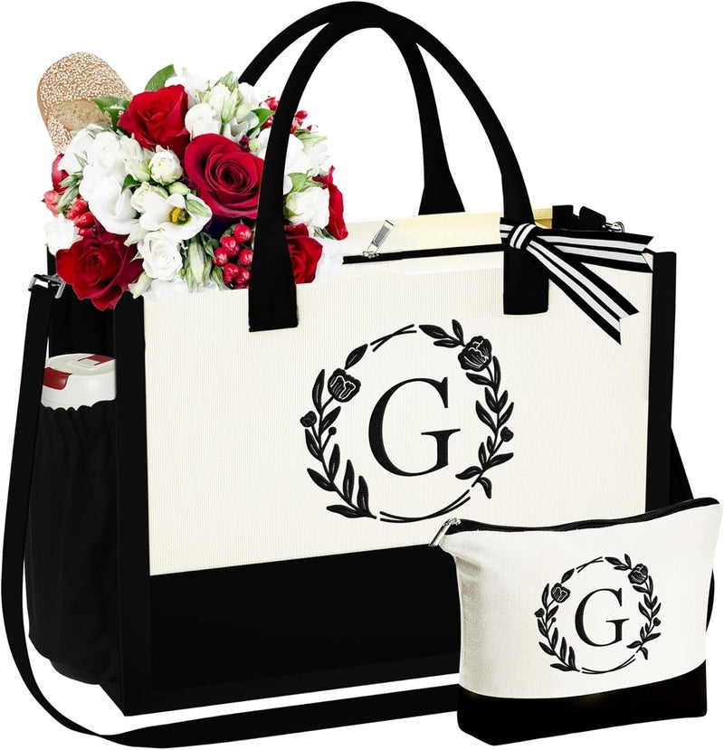 YOOLIFE Gifts for Women - Initial Canvas Tote Bag Makeup Bag, Valentines Day Gifts for Women Teacher Mom Wife Friend Birthday - Image 1